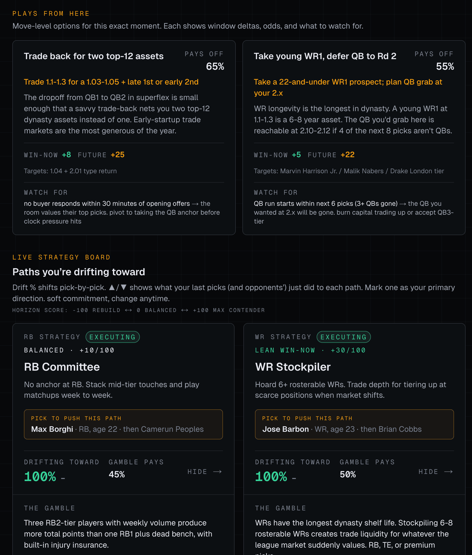 Decision Quadrant with ranked candidates including Rico Dowdle, Jakobi Meyers, Rhamondre Stevenson